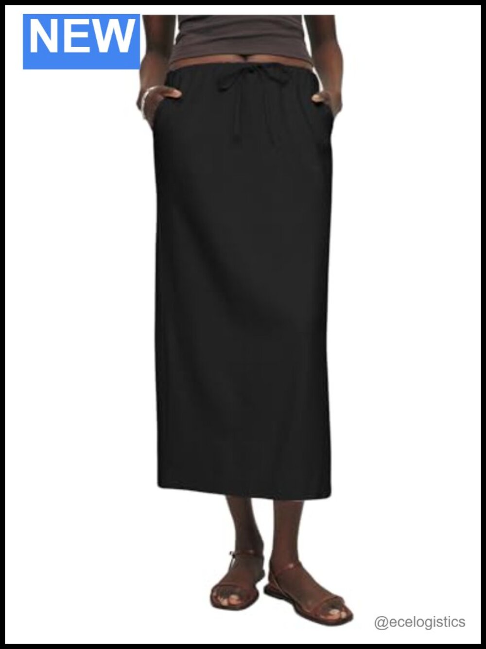 Women's Linen Blend Midi Skirt with Slit, Pockets & Elastic Waist